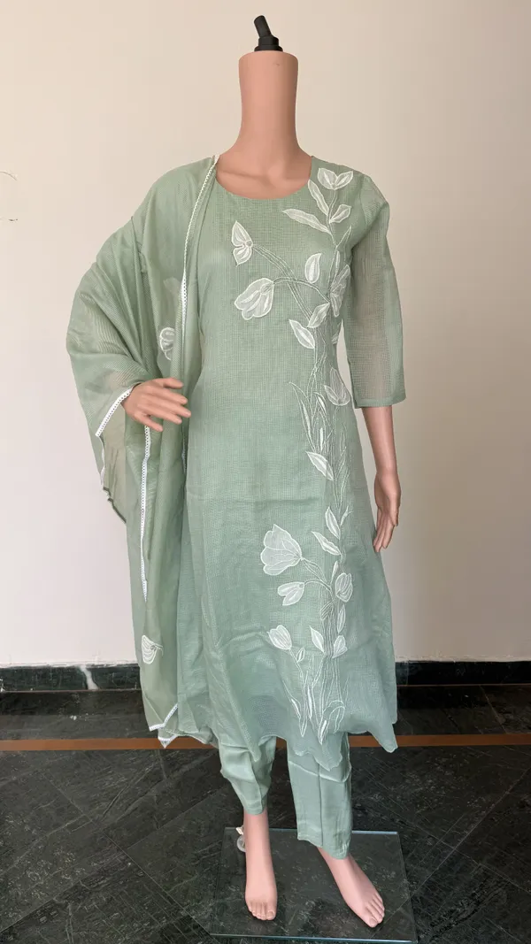 Sage_Green_Kota_Doriya_Suit_Set_With_Floral_Applique_Work