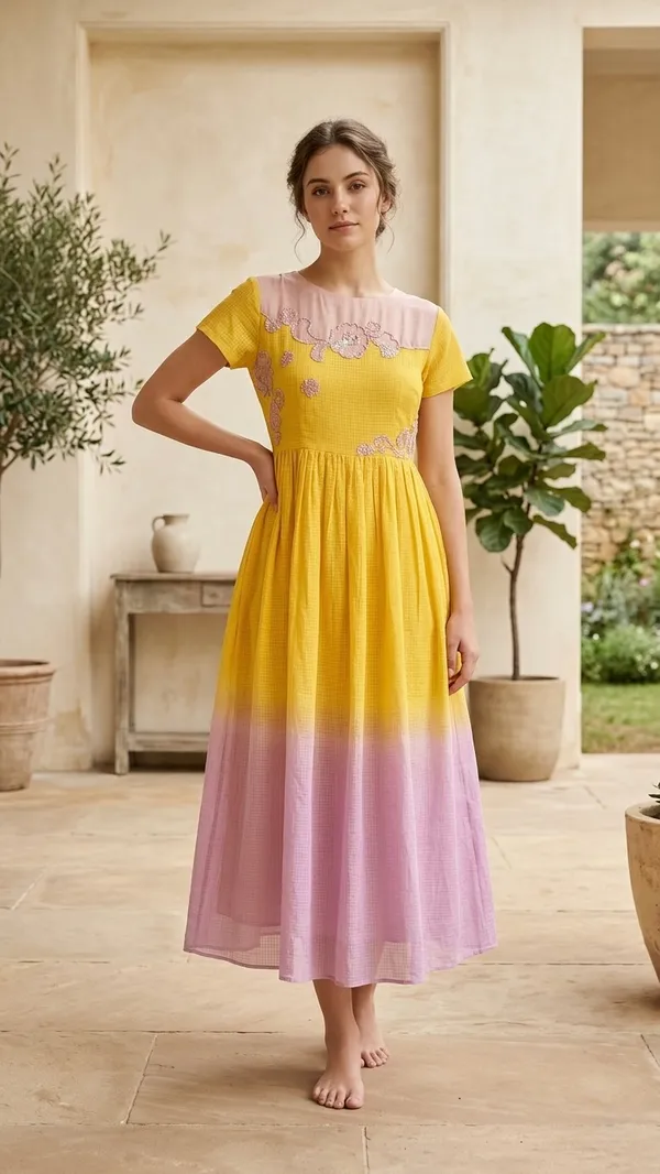Yellow_And_Pink_Ombre_Kota_Doriya_Dress_With_Sequence_Applique_Work