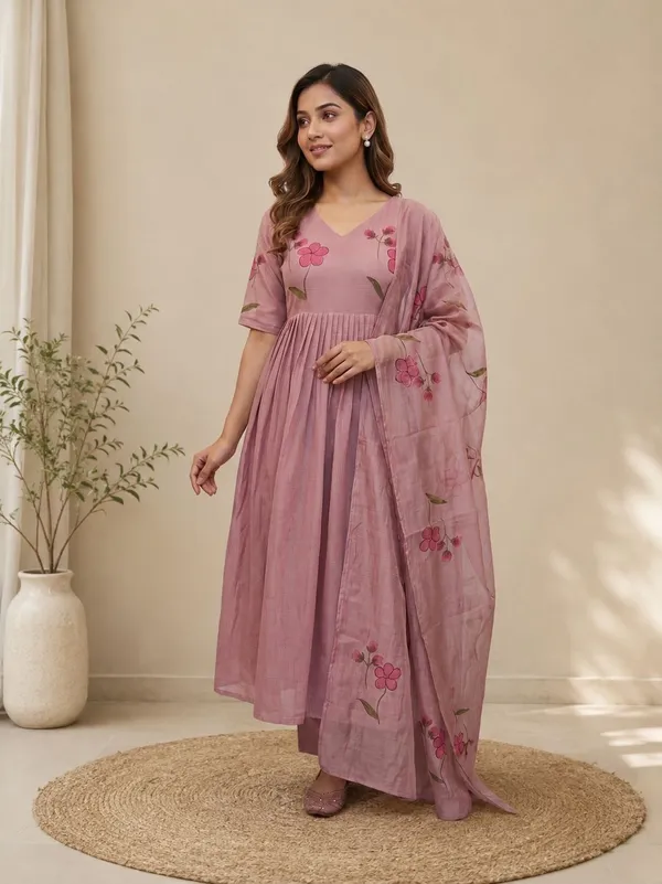 Pink_Kota_Doriya_Suit_Set_With_Hand_Painted_Flowers