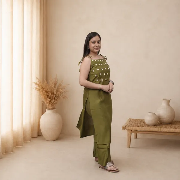 Olive_Green_Cotton_Slub_Mirror_Work_2-Piece_Co-ord_Set_with_Tie-Up_Sleeves
