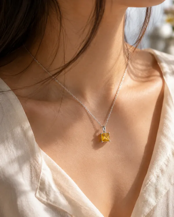 4mm_Yellow_Tourmaline_Square_Pendant_Necklace,_Sterling_Silver_Princess_Cut_Gemstone_Necklace,_Minimalist_Yellow_Birthstone_Jewelry_Gift