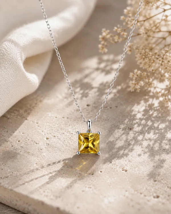 4mm_Yellow_Tourmaline_Square_Pendant_Necklace,_Sterling_Silver_Princess_Cut_Gemstone_Necklace,_Minimalist_Yellow_Birthstone_Jewelry_Gift