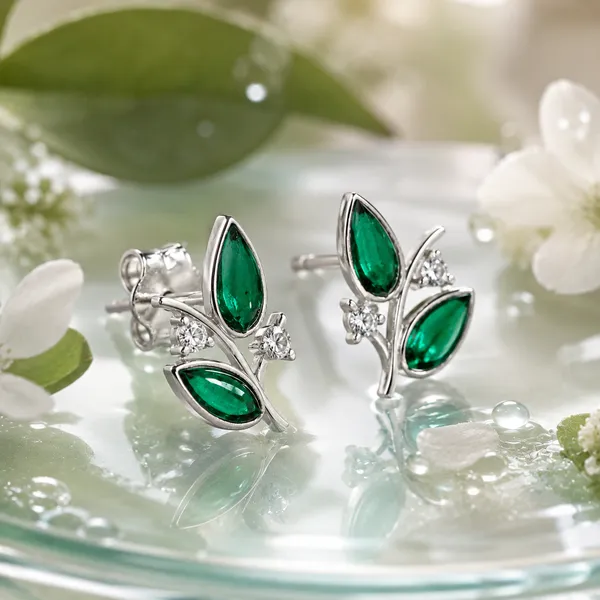 Green_Labgrown_Petal_/_Leaf_Stud_925_Sterling_Silver,_3x6mm_Stone_Gift_for_Wife
