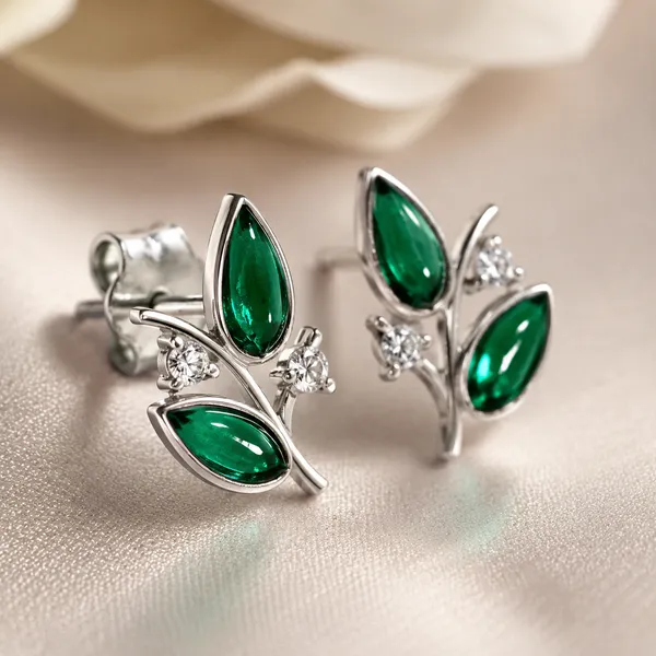 Green_Labgrown_Petal_/_Leaf_Stud_925_Sterling_Silver,_3x6mm_Stone_Gift_for_Wife