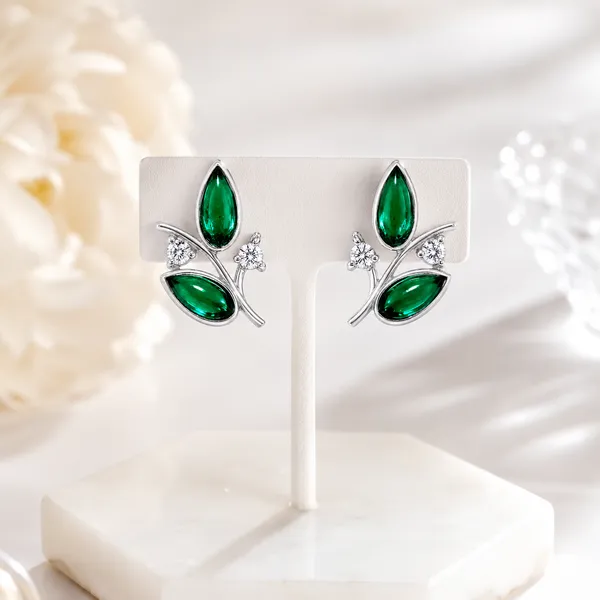 Green_Labgrown_Petal_/_Leaf_Stud_925_Sterling_Silver,_3x6mm_Stone_Gift_for_Wife