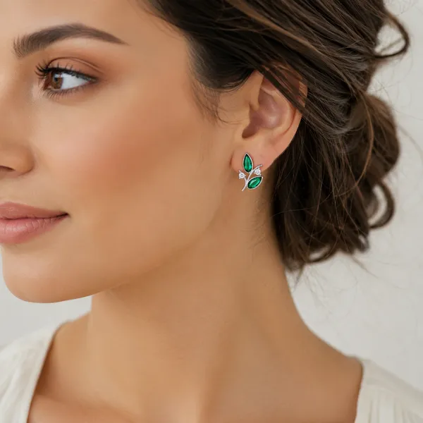 Green_Labgrown_Petal_/_Leaf_Stud_925_Sterling_Silver,_3x6mm_Stone_Gift_for_Wife