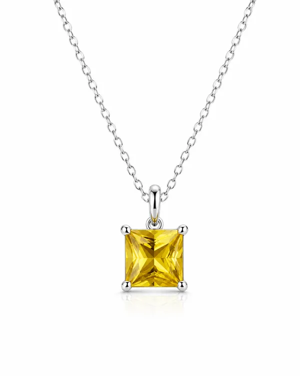 4mm_Yellow_Tourmaline_Square_Pendant_Necklace,_Sterling_Silver_Princess_Cut_Gemstone_Necklace,_Minimalist_Yellow_Birthstone_Jewelry_Gift
