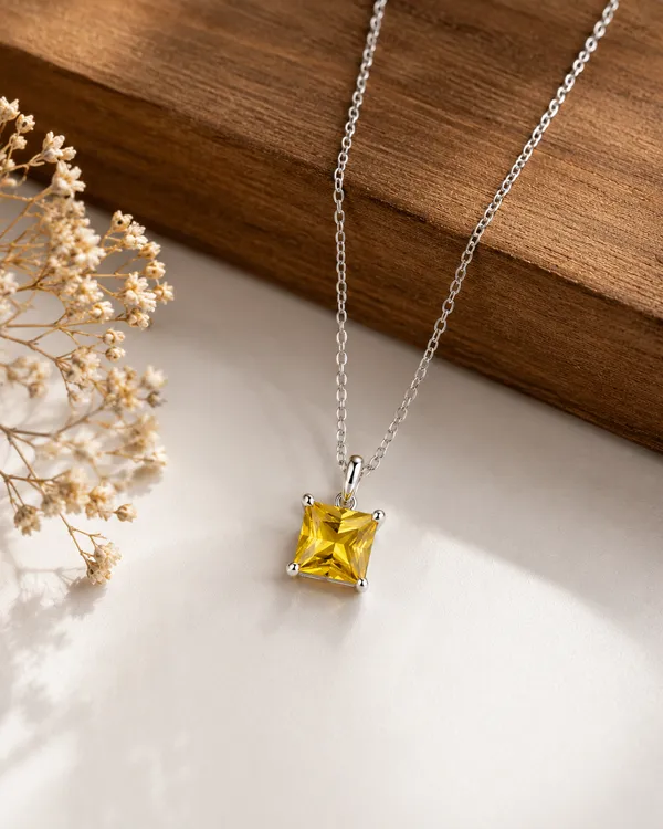 4mm_Yellow_Tourmaline_Square_Pendant_Necklace,_Sterling_Silver_Princess_Cut_Gemstone_Necklace,_Minimalist_Yellow_Birthstone_Jewelry_Gift