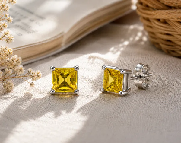 4mm_Yellow_Tourmaline_Square_Stud_Earrings,_Sterling_Silver_Princess_Cut_Gemstone_Studs,_Minimalist_Birthstone_Earrings,_Gift_for_Her