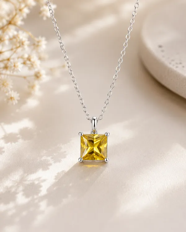 4mm_Yellow_Tourmaline_Square_Pendant_Necklace,_Sterling_Silver_Princess_Cut_Gemstone_Necklace,_Minimalist_Yellow_Birthstone_Jewelry_Gift