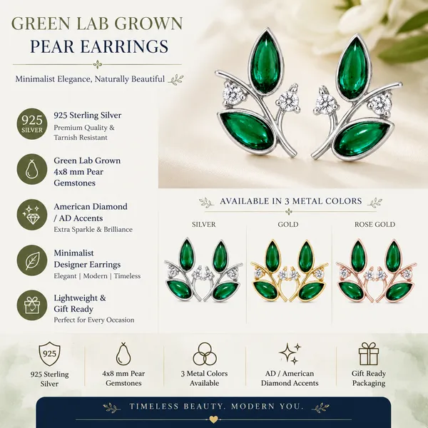 Green_Labgrown_Petal_/_Leaf_Stud_925_Sterling_Silver,_3x6mm_Stone_Gift_for_Wife