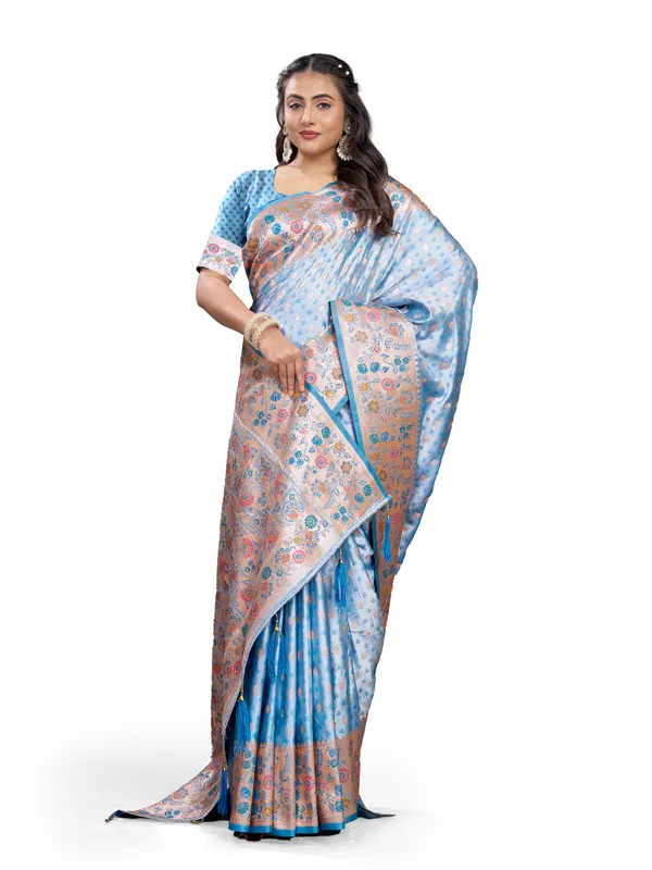 Sky_Blue_Pure_Satin_Silk_And__Pure_Georgette_saree_For_Women