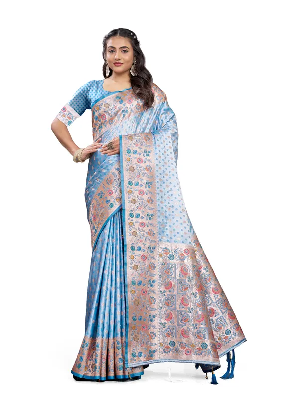Sky_Blue_Pure_Satin_Silk_And__Pure_Georgette_saree_For_Women