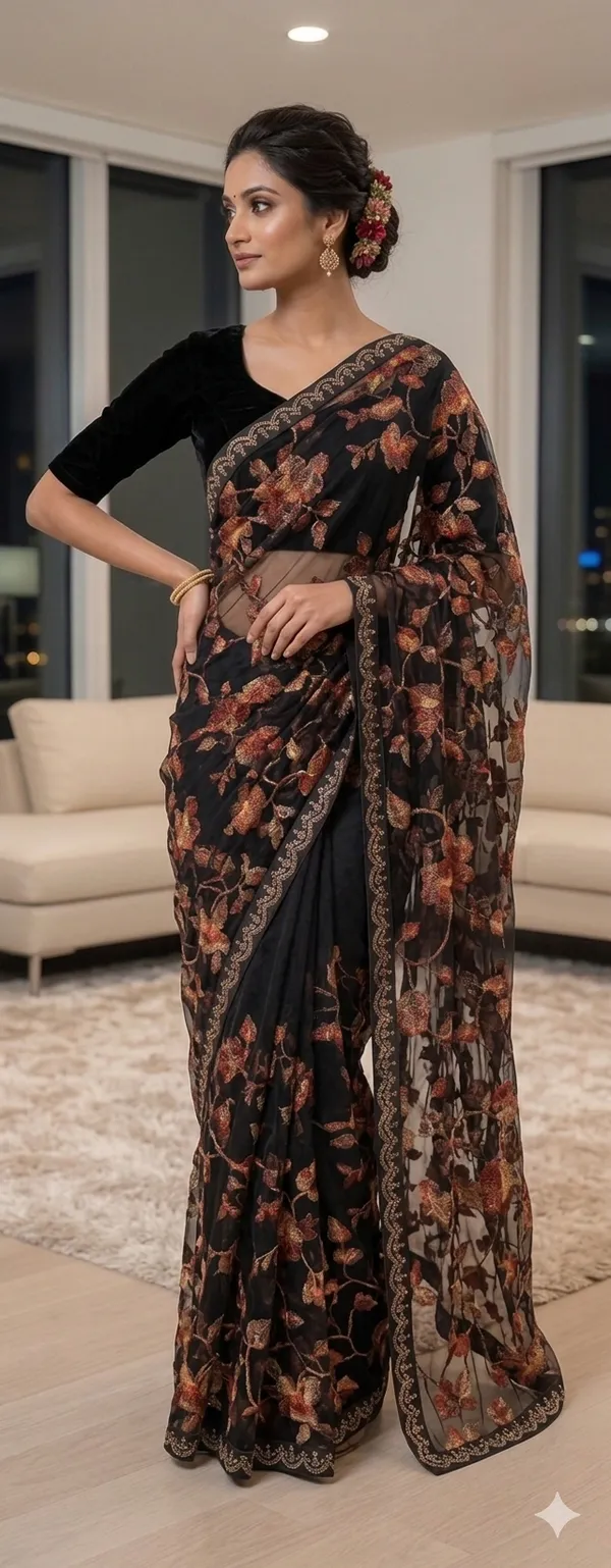 Black_Pure_Cotton_Silk_And__Pure_Georgette_saree_For_Women