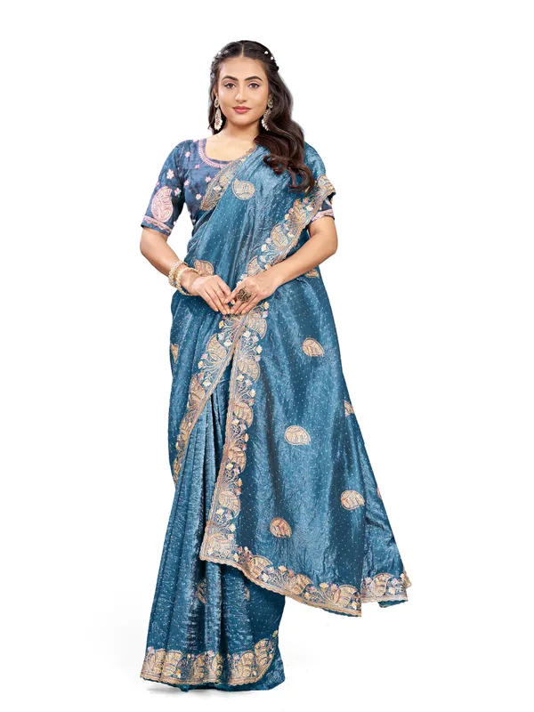 Blue_Pure_Cotton_Silk_And__Pure_Georgette_saree_For_Women