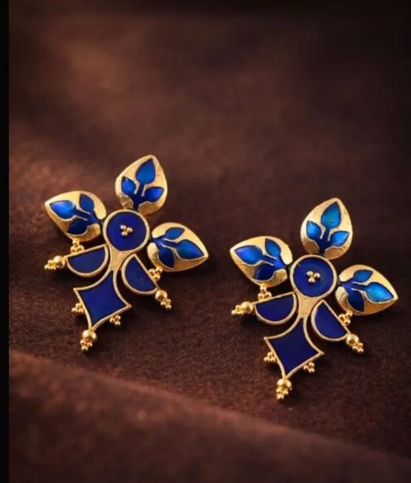 Blue_Enamel_Floral_Gold_Tone_Stud_Earrings_For_Women