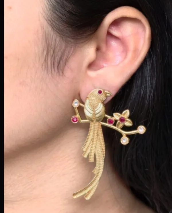 Gold_Plated_Bird_Motif_Statement_Earrings_With_Ruby_And_Pearl