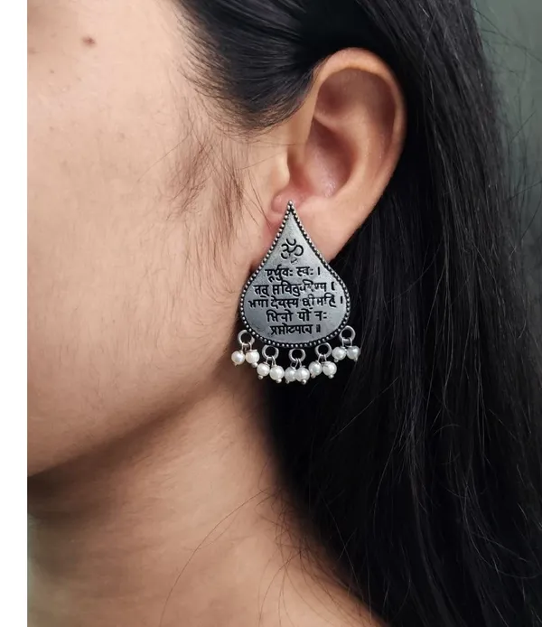 Silver_Oxidized_Sanskrit_Mantra_Teardrop_Earrings_For_Women