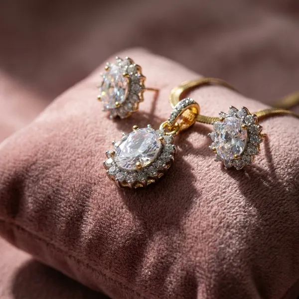 Crystal_Studded_Oval_Pendant_And_Earrings_Set_With_Gold_Chain