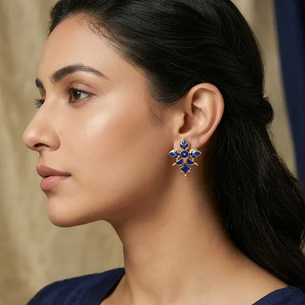 Blue_Enamel_Floral_Gold_Tone_Stud_Earrings_For_Women