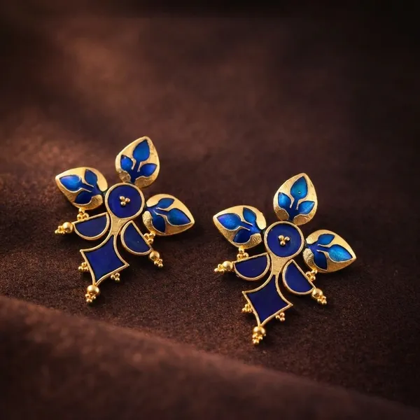Blue_Enamel_Floral_Gold_Tone_Stud_Earrings_For_Women