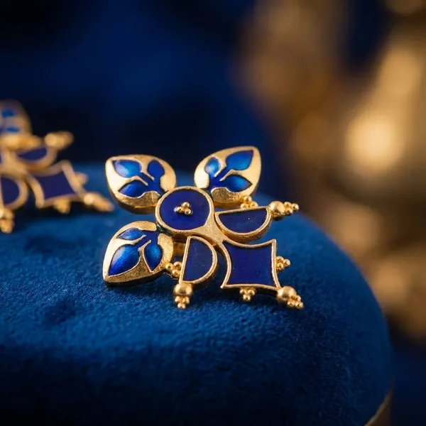 Blue_Enamel_Floral_Gold_Tone_Stud_Earrings_For_Women