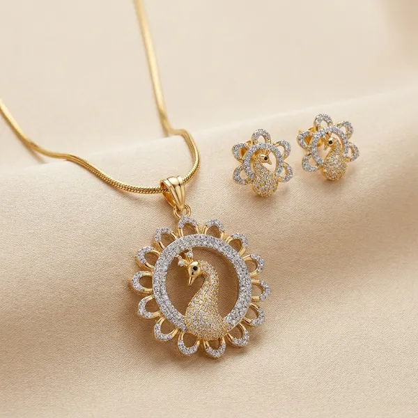 Golden_Peacock_Motif_Pendant_Set_With_Earrings