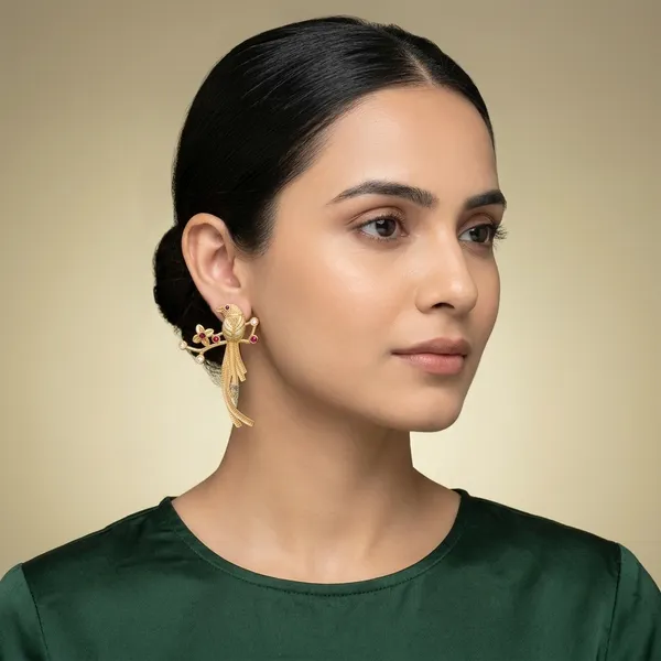 Gold_Plated_Bird_Motif_Statement_Earrings_With_Ruby_And_Pearl