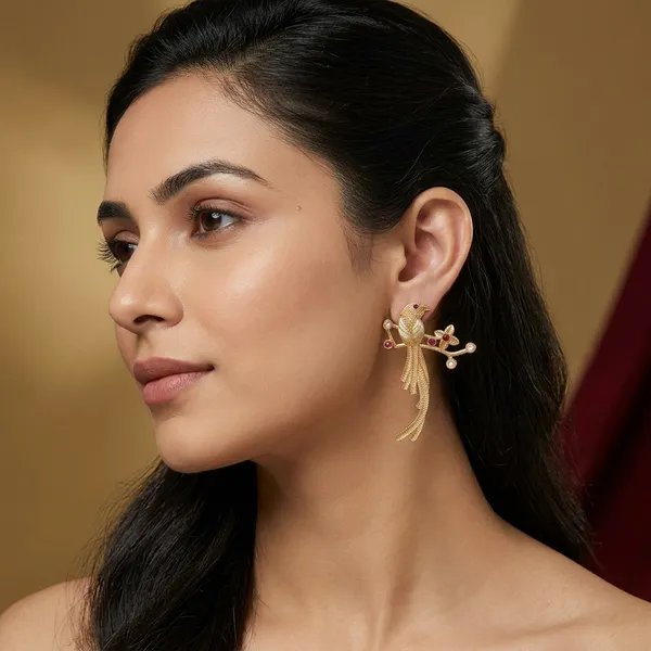 Gold_Plated_Bird_Motif_Statement_Earrings_With_Ruby_And_Pearl