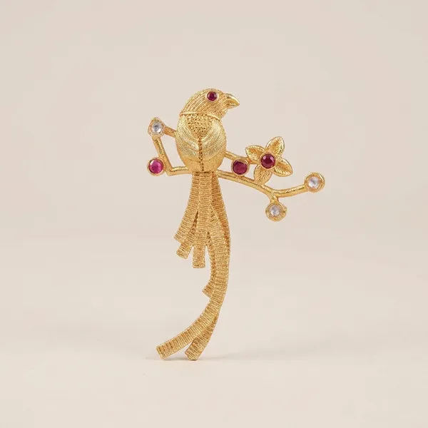 Gold_Plated_Bird_Motif_Statement_Earrings_With_Ruby_And_Pearl
