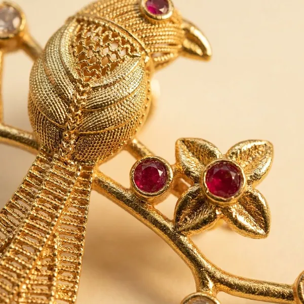 Gold_Plated_Bird_Motif_Statement_Earrings_With_Ruby_And_Pearl