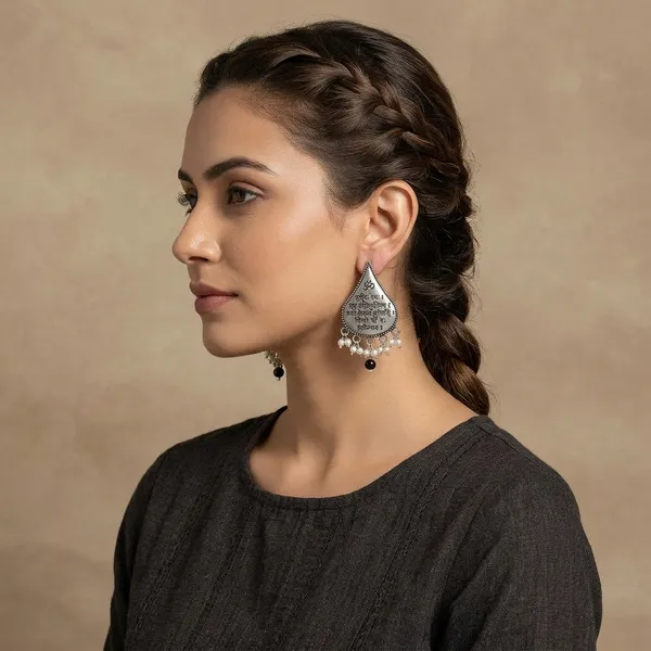 Silver_Oxidized_Sanskrit_Mantra_Teardrop_Earrings_For_Women