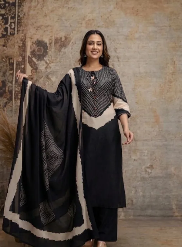 Black_Beige_Cotton_Bandhani_Print_Kurta_Set_For_Women