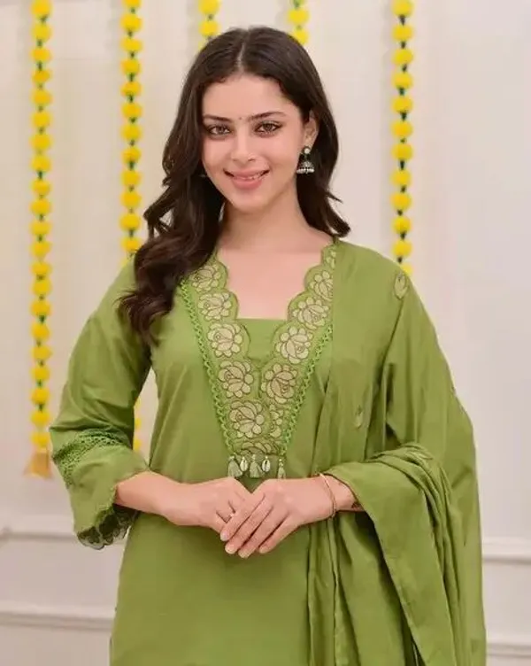 Olive_Green_Cotton_Floral_Embroidered_Kurta_Set_For_Women