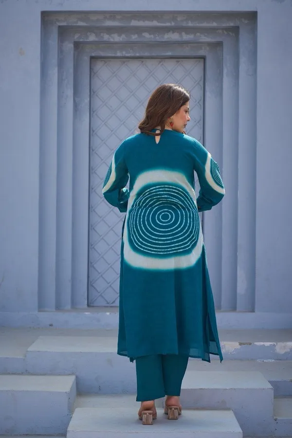 Teal_Cotton_Tie_Dye_Embroidered_Kurta_Set_For_Women