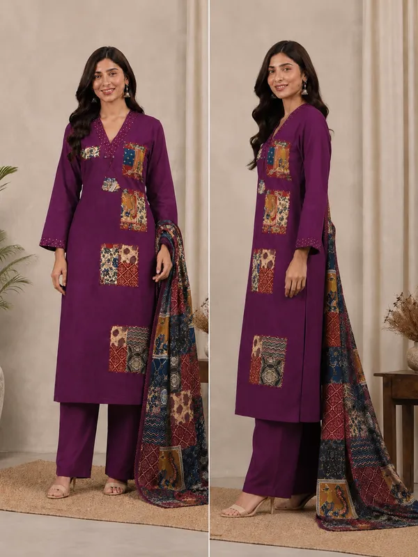 wine_Cotton_Embroidered_Kurta_Set_With_Patchwork_Dupatta_For_Women