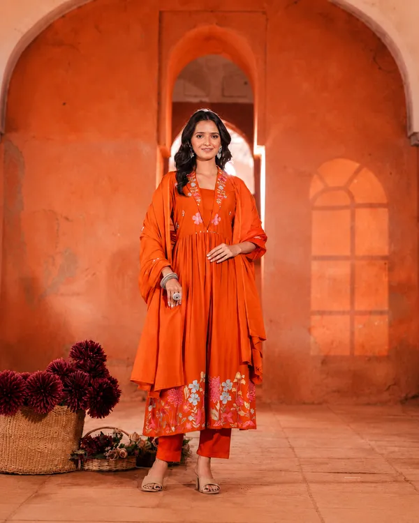 Orange_Cotton_Anarkali_Kurta_Set_With_Floral_Embroidery_For_Women