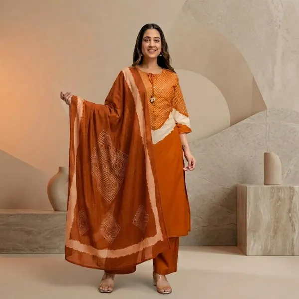 Orange_Cotton_Geometric_Printed_Kurta_Set_For_Women_with_dupatta