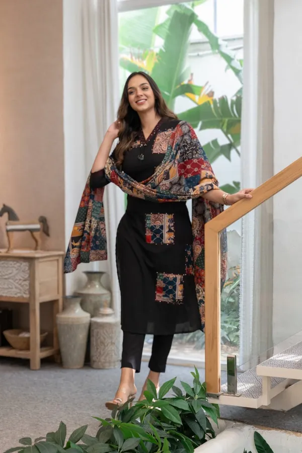 Black_cotton_Straight_Kurta_Set_With_Printed_Dupatta_For_Women