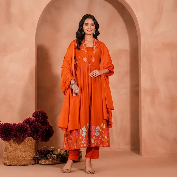 Orange_Cotton_Anarkali_Kurta_Set_With_Floral_Embroidery_For_Women