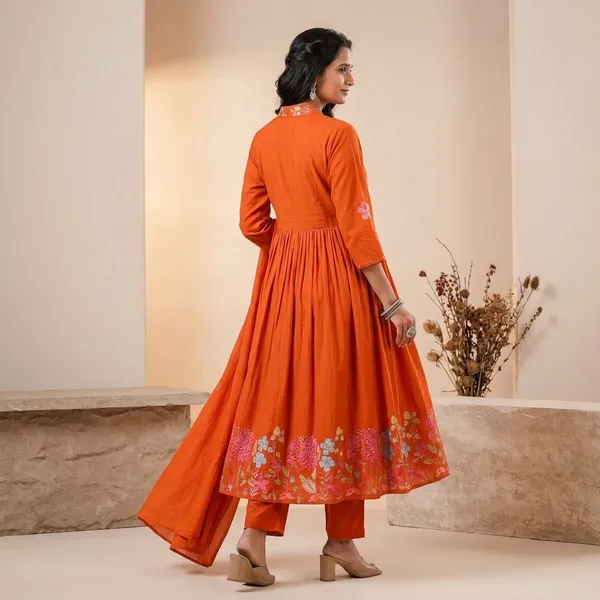 Orange_Cotton_Anarkali_Kurta_Set_With_Floral_Embroidery_For_Women
