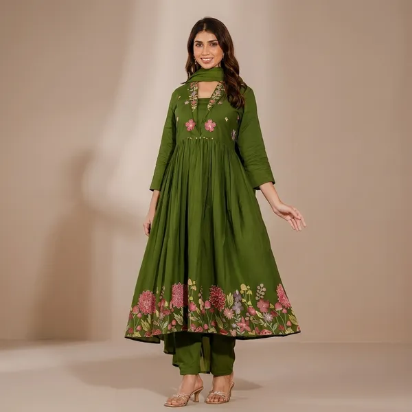 Green_Cotton_Floral_Embroidered_Anarkali_Kurta_Set_For_Women