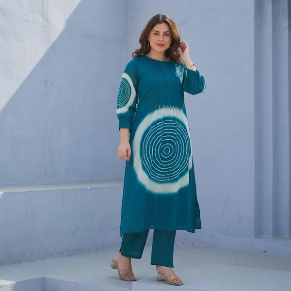 Teal_Cotton_Tie_Dye_Embroidered_Kurta_Set_For_Women