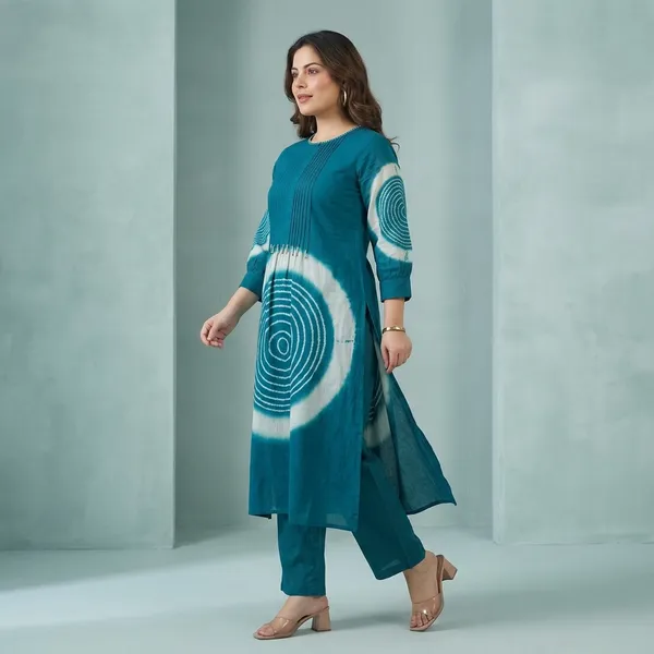 Teal_Cotton_Tie_Dye_Embroidered_Kurta_Set_For_Women