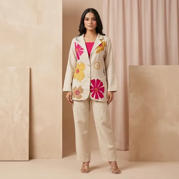 Off_White_Cotton_Floral_Embroidered_Blazer_Kurta_Set_For_Women
