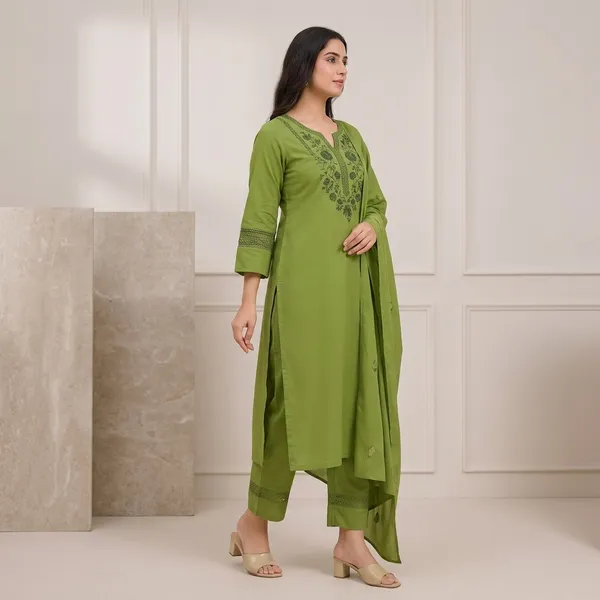 Olive_Green_Cotton_Floral_Embroidered_Kurta_Set_For_Women