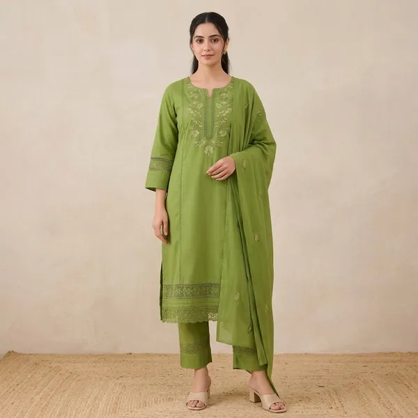 Olive_Green_Cotton_Floral_Embroidered_Kurta_Set_For_Women