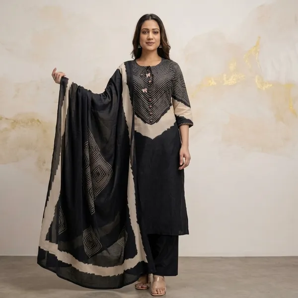 Black_Beige_Cotton_Bandhani_Print_Kurta_Set_For_Women