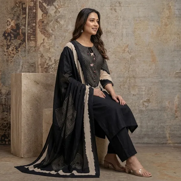 Black_Beige_Cotton_Bandhani_Print_Kurta_Set_For_Women