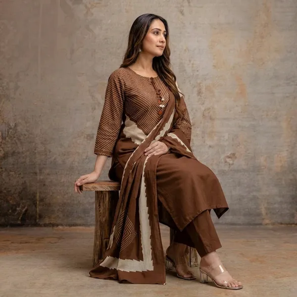 Brown_Cotton_Geometric_Print_Straight_Kurta_Set_With_Dupatta_For_Women